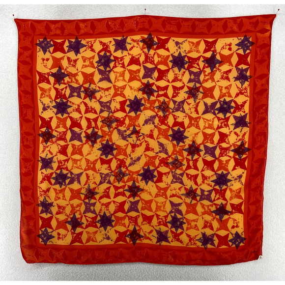 VERA NEUMANN Scarf Silk Hand Rolled Star Print Wrap Square Orange 29" VTG USA - Picture 2 of 12